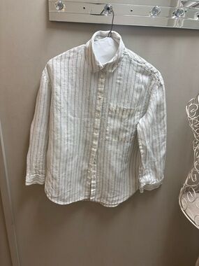 Womens White Linen-Blend Striped Button-Up Shirt